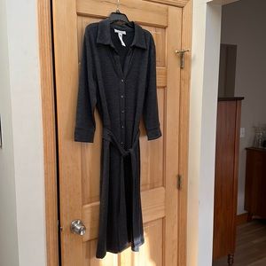 Button front dress with tie waist and 3/4 sleeves